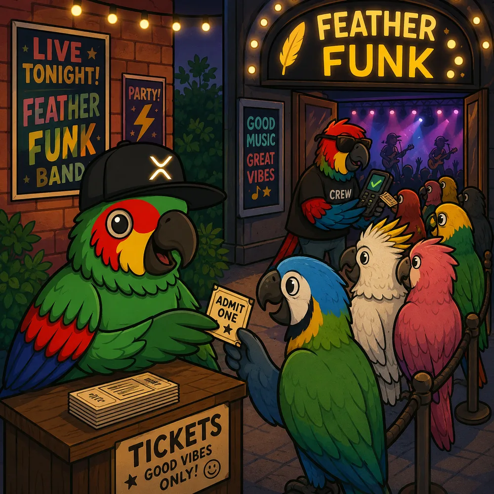 Parrots lining up at the Feather Funk venue with NFT tickets